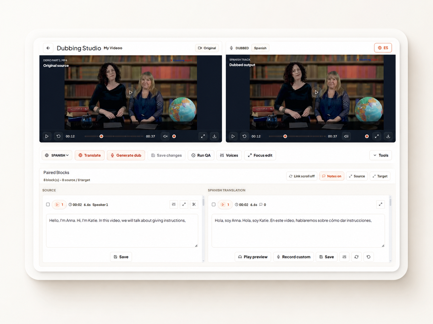 RevoDub workspace for AI dubbing, subtitles, and video localization